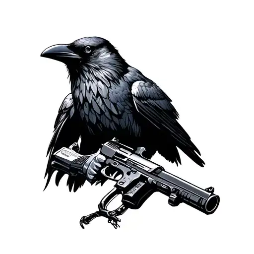Create A Futuristic Video Game Scene With A Raven Holding A Gun