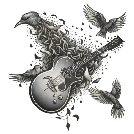 A Surreal Tattoo Of A Guitar Transforming Into A Flock Of Birds Flying Away