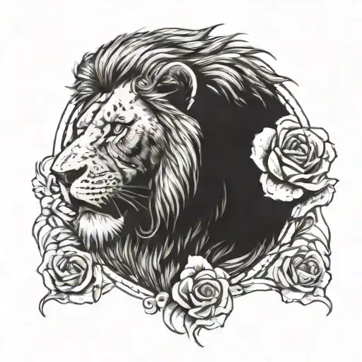 A Male Lion With Roses And Savannah Type Grass The Evil Lion Opens Its Mouth We See The Fangs