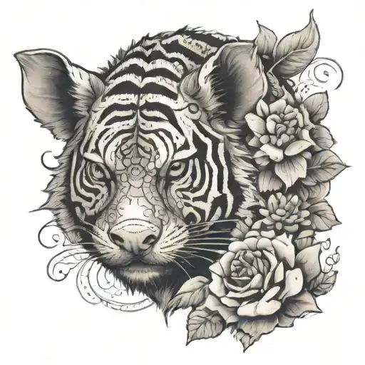 A Pig With A Tiger And A Snake With Flowers