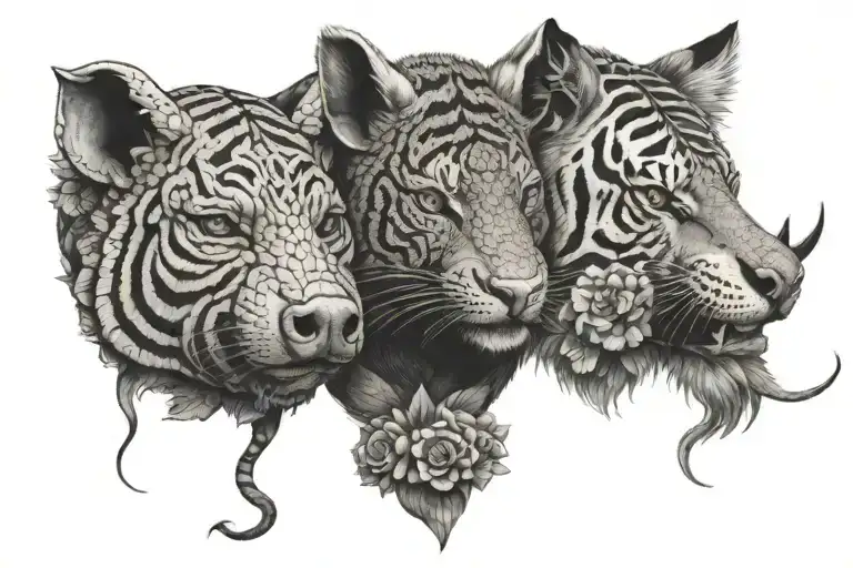 A Pig With A Snake And A Tiger With Flowers