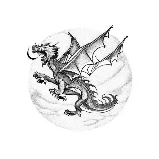 A Fantasy Landscape With Dragons Flying Over A Silhouette Of A Dog