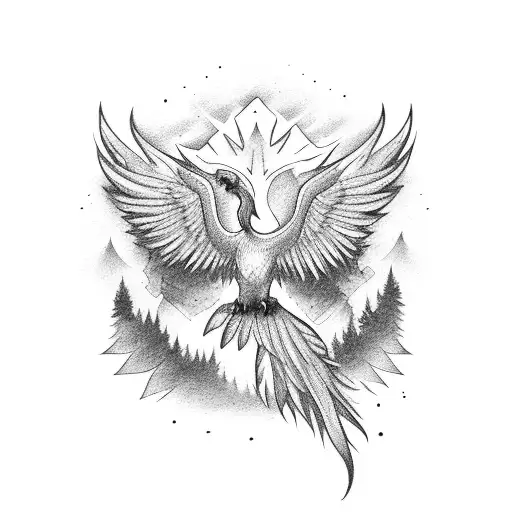 Big Colorful Great Pheonix Flying Above The Forest Mountains Sun