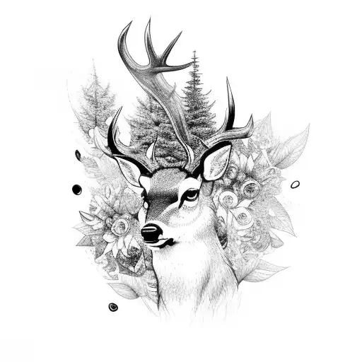 Busty Nature Deer Mountains Waterfall Trees Leaves Flowers Black White