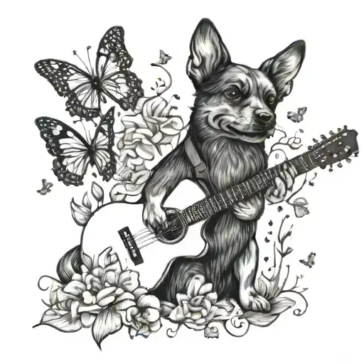 A Dog Playing A Guitar Surrounded By Lilies And Butterflies