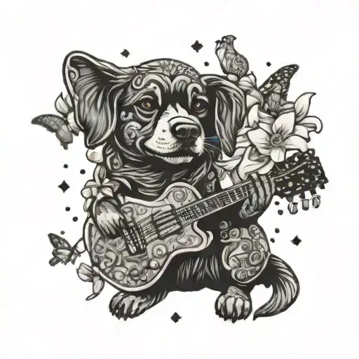 A Dog Playing A Guitar Surrounded By Lilies And Butterflies