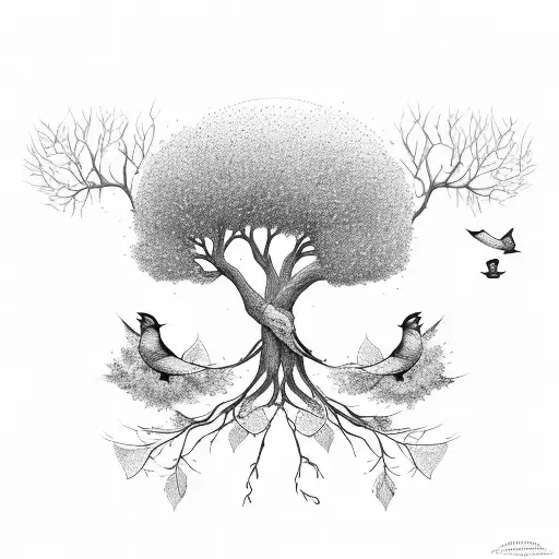 Tree Whose Leaves Are Falling And A Bird Sitting On The Branch And Other Birds Flying
