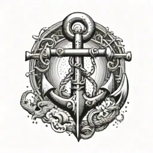 A Dotwork Tattoo Of An Anchor Intertwined With Spiritual Symbols And God Figures