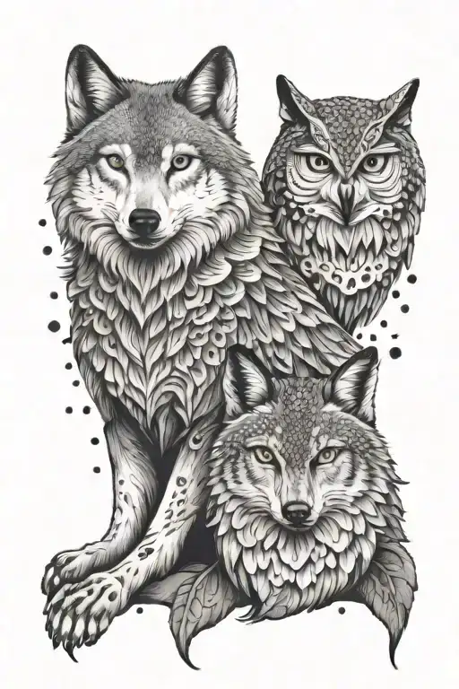 Wolf And Owl Sitting