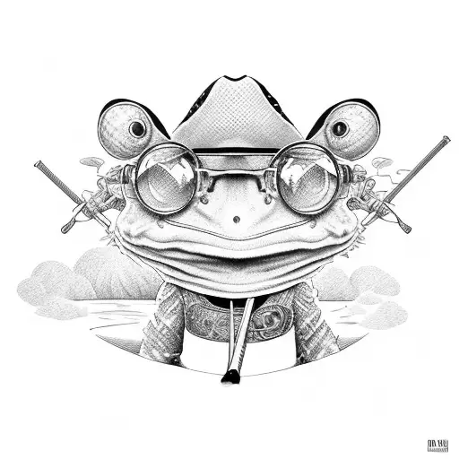 Cartoon Samurai Frog Smoking On Leaf With Straw Hat