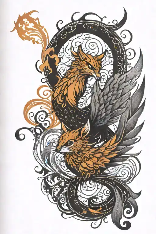 A Phoenix And Cat Intertwined In A Yin Yang Symbol