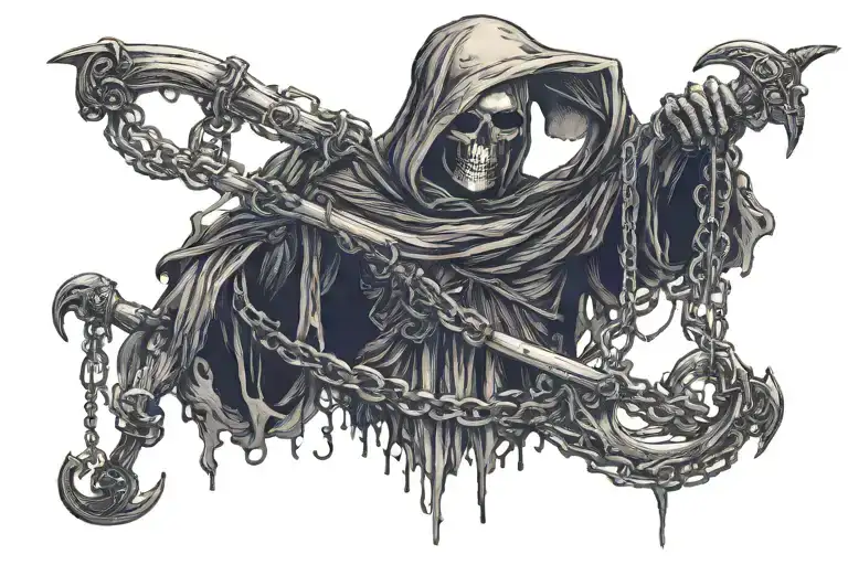 Grim Reaper Wrapped In Chains Holding A Scythe