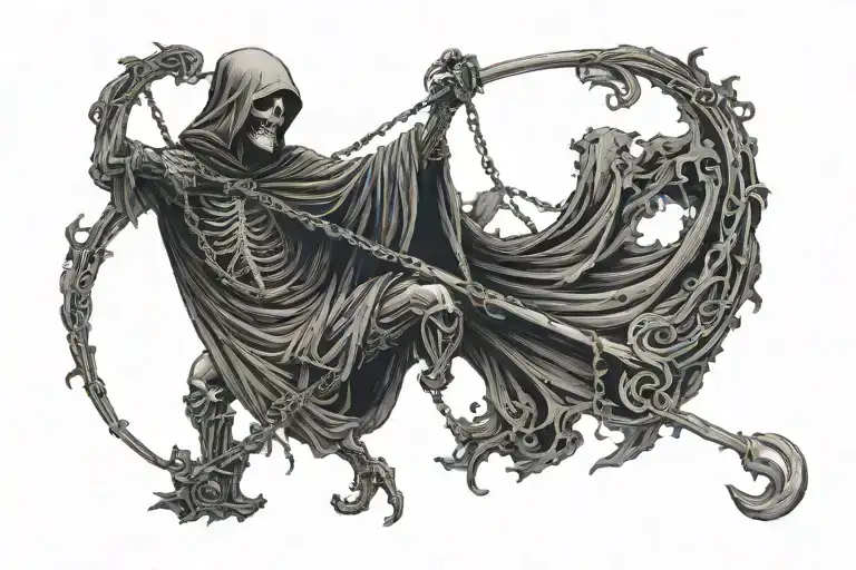 Full Body Grim Reaper Wrapped In Chains Holding A Scythe
