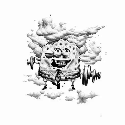A Spongebob Showing His Biceps Under A Cloud With Shadow