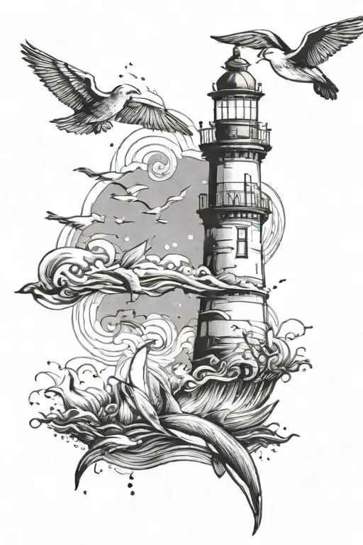 Sea Lighthouse Dolphin Seagull Flying