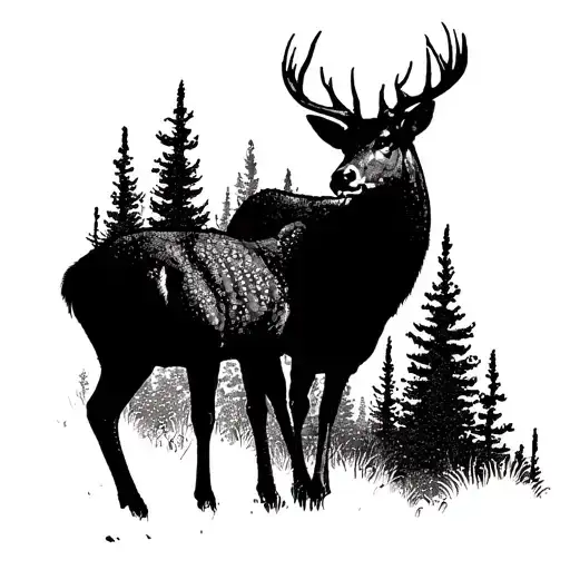 A Hunting Scene With A Deer And Elk Facing Off In A Dotwork Style