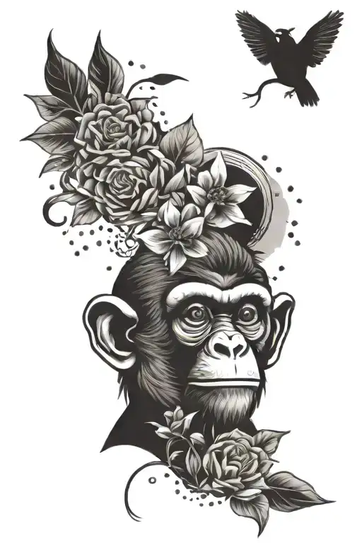 Monkey Head With Bee And Sparrow Flying