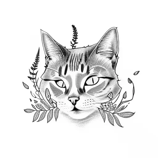 Mystical Cat Surrounded By Flowers And Ferns