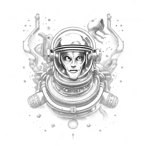 The Astronaut Who Sails In The Sea And Is Surrounded By Dinosaurs