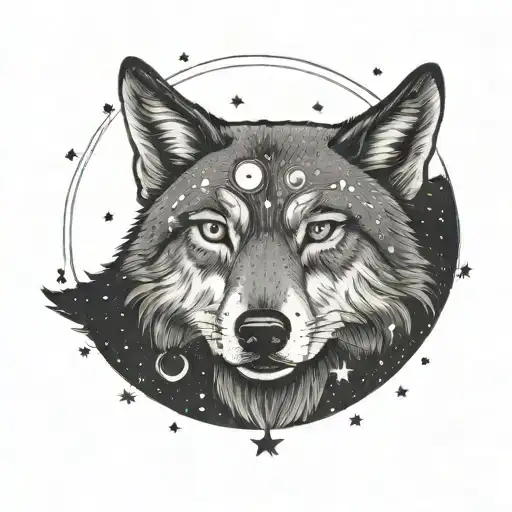 A Third Eye On A Wolf's Forehead With The Moon And Stars In The Background