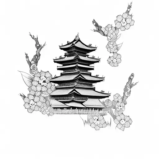 Samurai And Temple And Cherry Blossom