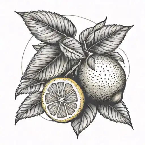 Fine Line Black And White Lemon Fruit With Branch And Leaves