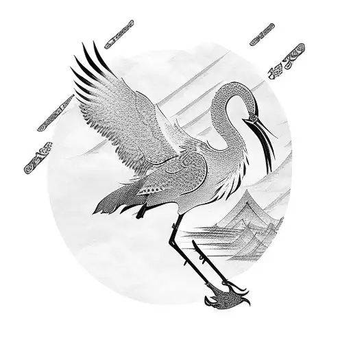 Japanese Style Crane With Samurai And Japanese House