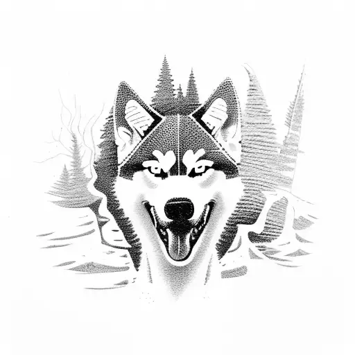 A Dotwork Illustration Of A Husky Chasing A Classic Mustang Through A Forest