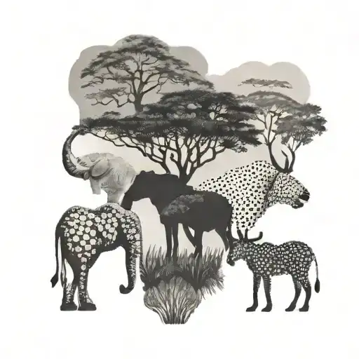 African Wildlife Silhouettes With Dotwork Patterns In The Background