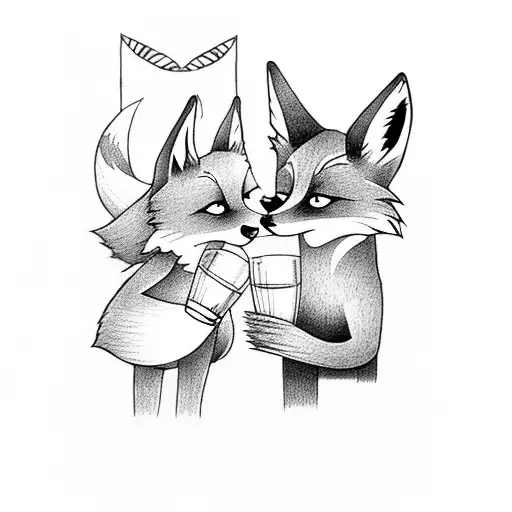 A Fox Kit And Wolf Pup In Halloween Costumes Drinking Butterbeer Together