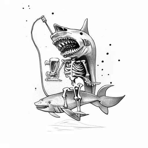 Skeleton Drinking A Beer While Riding A Shark W