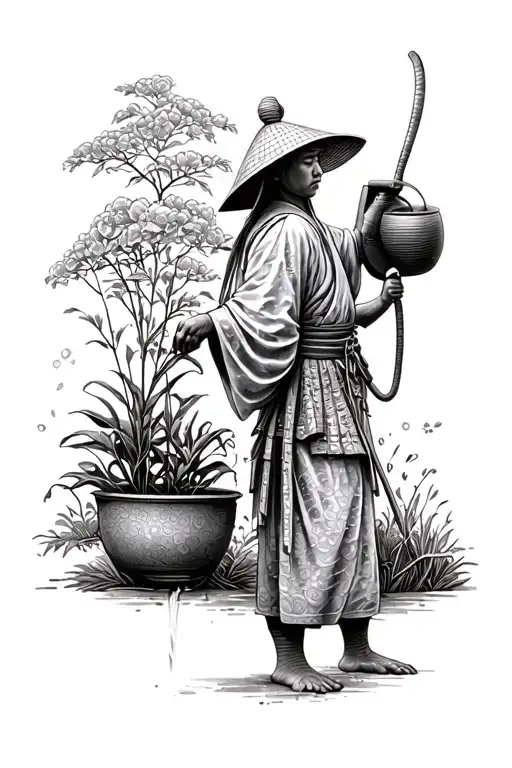 Peaceful Samurai Gardener Watering A Plant
