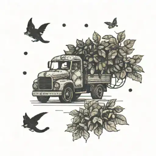 A Truck Adorned With Cat Motifs Driving Through A Field Of Coffee Plants