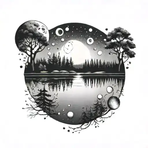 Moon Phases Reflected In A Calm Lake Surrounded By Trees