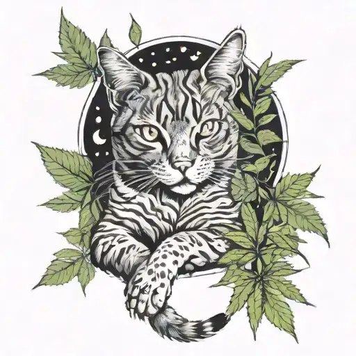 A Cat Lounging In The Sun Surrounded By Cannabis Leaves