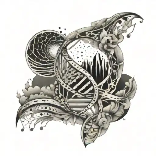 An Intricate Design Of A Dna Double Helix Intertwined With Ocean Waves And Mountain Peaks