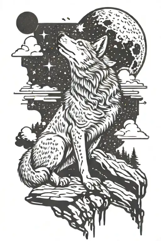 Full Bodied Wolf Climbin Rocks Howling Moon Silhoutte