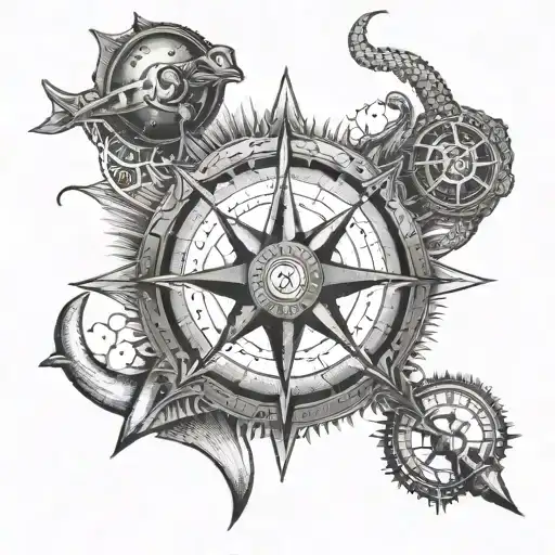 An Intricate Dotwork Compass Rose With A Fishing Hook And A Police Badge Incorporated