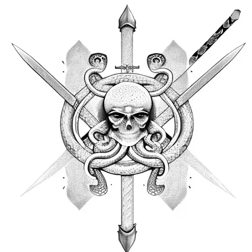 Sword With 2 Snakes Going Around It And Meeting Their Heads Over The Top Of It