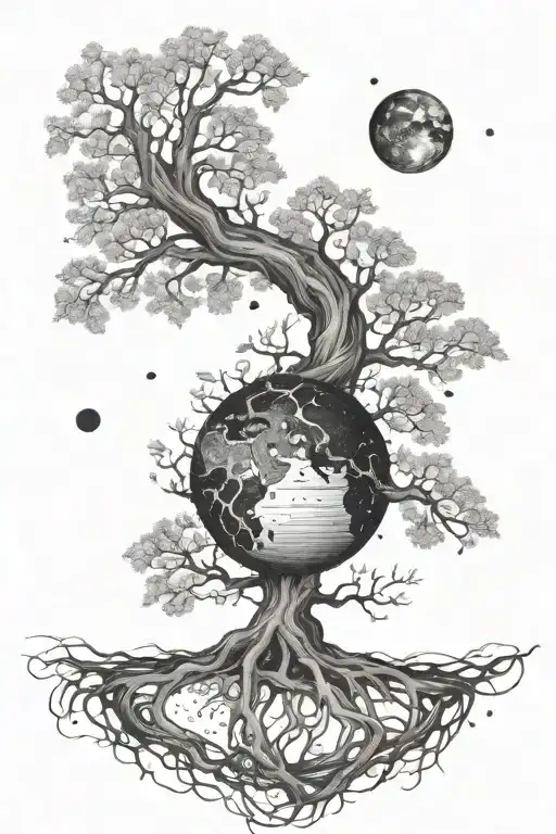 Tree Showing Roots And Planets