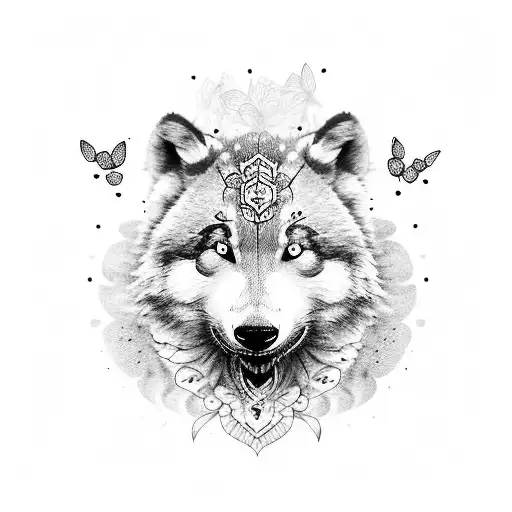 Half Wolf Half Panda With Butterflies