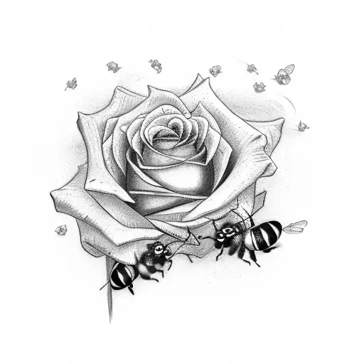 Cross Into Skin With Rose Wrapped Around And A Bee Pollinating