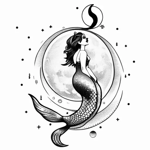 Beautiful Mermaid Looking At The Moon Sitting On Rock