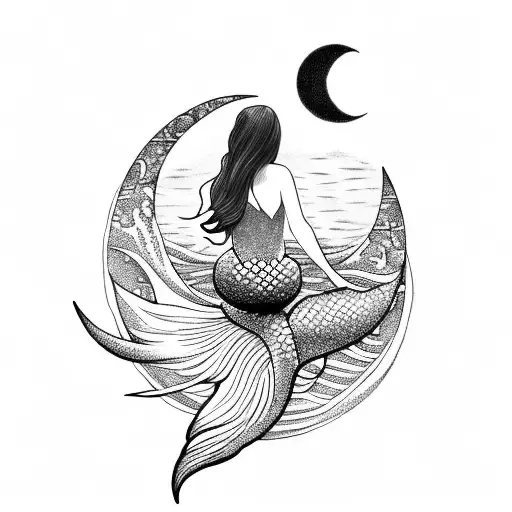 Beautiful Mermaid Looking At The Moon Sitting On Rock
