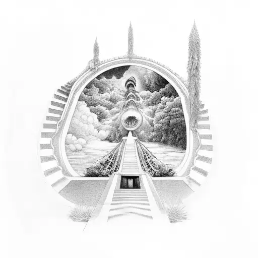 Staircase With Parents Holding Child With A Peacock At The Top With Heavens Gates