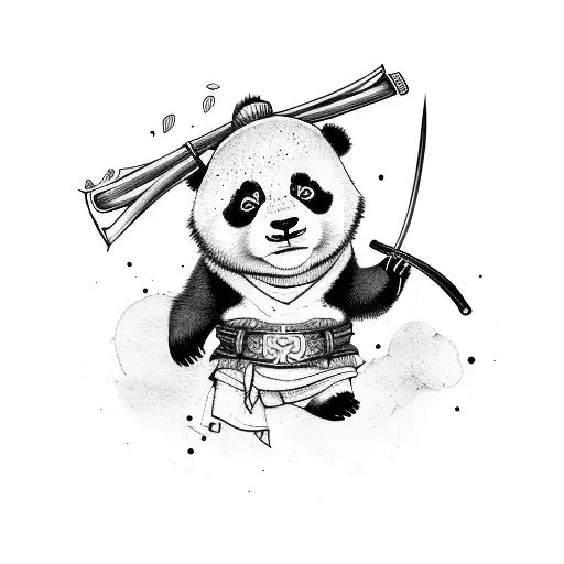 A Cute Panda Hanging On A Tree With A Samurai Sword On His Belt