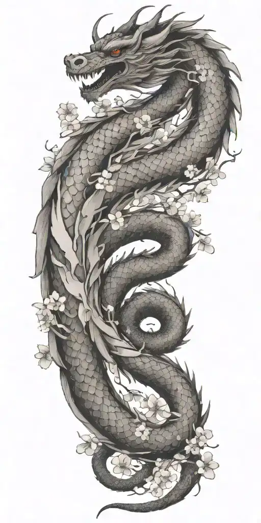 Japanese Dragon Coil And Cherry Blossom Petals Falling
