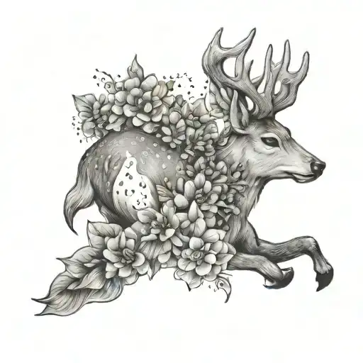 Deer With Wolf And Flower Blooming