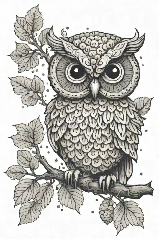 An Owl On A Branch Holds A Knitted Amigurumi Mouse In Its Paw