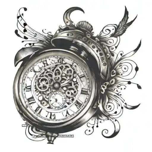 A Dotwork Tattoo Of A Vintage Watch With Music Notes Flowing Out Of It Like A Melody